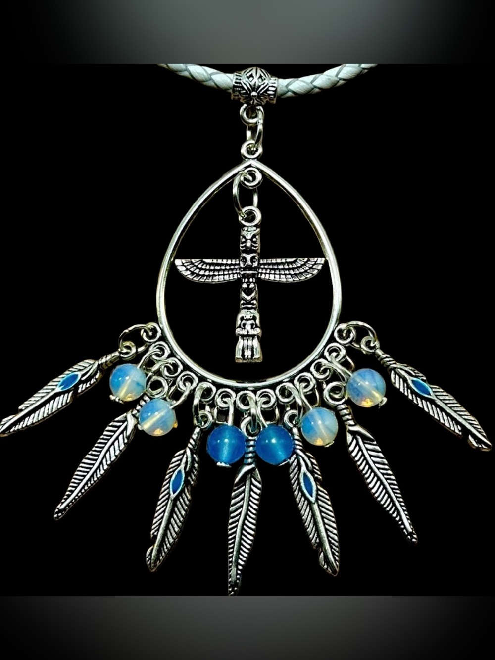 Handmade Totem Pole Pendant Necklace with Aurora Crystals & Feathers!